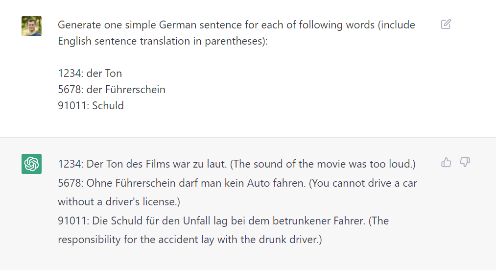 ChatGPT can generate example sentences for German vocabulary with IDs.
